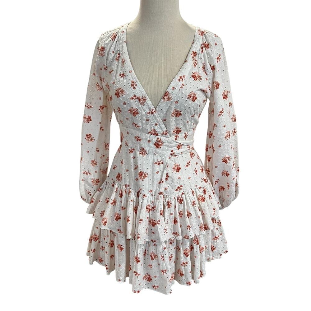 Maia Bergman XS Floral Ines Lined Dress Eyelet Wrap Pink White Travel Beach Grad